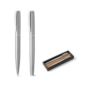 ELLA. Conjunto de roller e esferográfica com corpo em aço inox 53% reciclado com escrita em preto