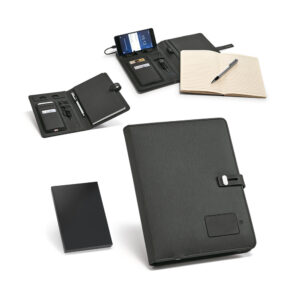 AFONSO. Pasta A5 em c. sintético com bateria portátil embutida (lítio) 4000 mAh e caderno com 128 páginas pautadas