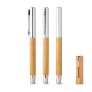 ELYSIA. Roller em aço inox 90% reciclado e bambu com tampa e escrita em azul